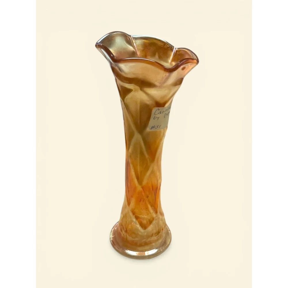 Antique Dugan Marigold Carnival Glass Lattice & Points Vase 9” Tall Ruffled Rim